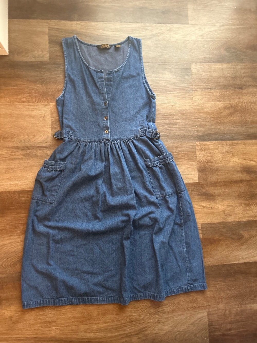 Vintage Eddie Bauer Denim Chambray Midi Dress Utility Pockets Small 90s